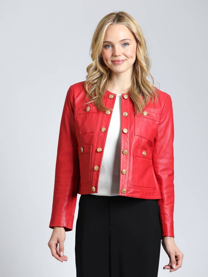 11Uptown - Vendita all'ingrosso Giacca in pelle - Donna - Giacca in pelle di agnello con bottoni dorati10