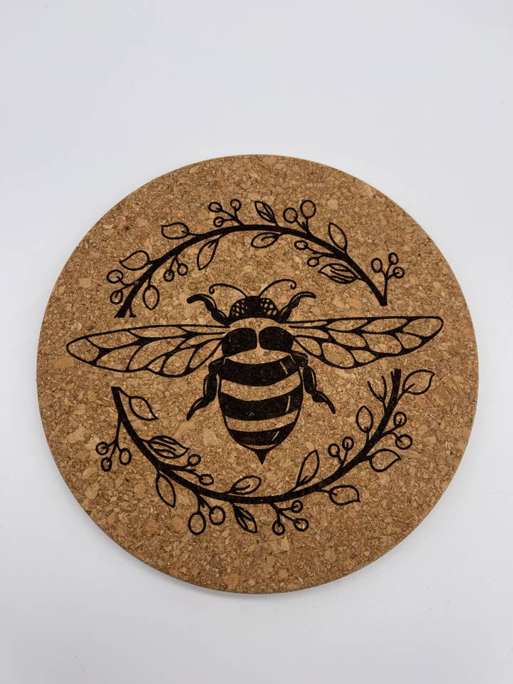 Bee Cork Trivet, Hot Pad for Kitchen, Honeybee Themed Items for wholesale by Falcon Ridge Designs LLC