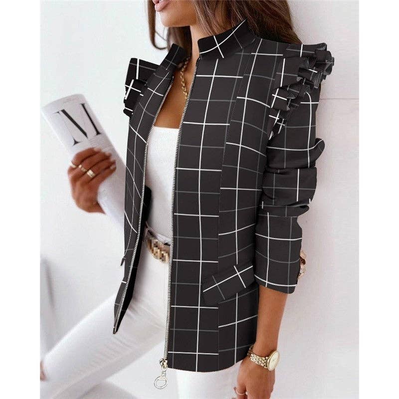Ekartini - Wholesale Shirt Jacket/Shacket - Women's - Ruffled Long-Sleeved Stand Collar Zipper Print Shacket4