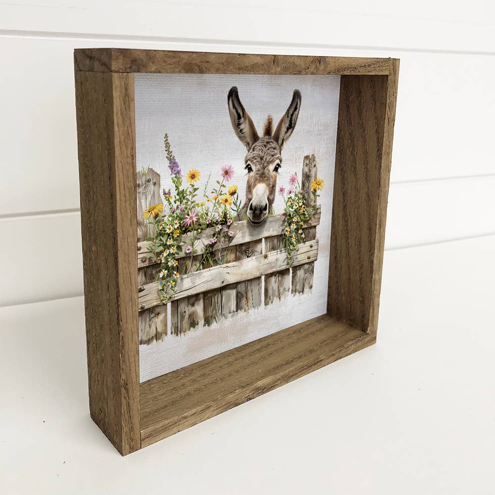Hangout Home - Wholesale Art Print - Donkey Over Fence with Flowers  - Donkey Canvas Art - Framed1