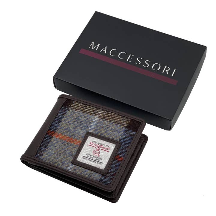 maccessori - Vente Portefeuille – homme - Portefeuille Trifold Harris Tweed Bleu/Carreaux Marron