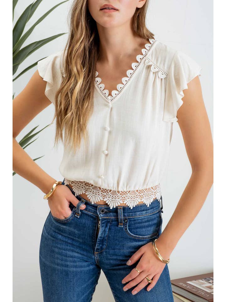 Blu Pepper - Wholesale Blouse - Women's - SCALLOP LACE TRIM BACK TIE SHORT SLEEVE CROP TOP