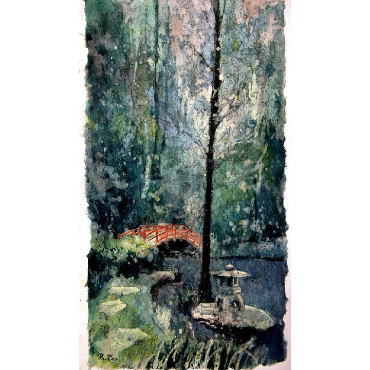Aquarelle représentant un pont rouge dans les jardins Sarah P. Duke de l'université Duke, Durham, Caroline du Nord, œuvres d'art de Duke Gardens, aquarelle (impression) pour la vente par Ryan Fox Fine Art