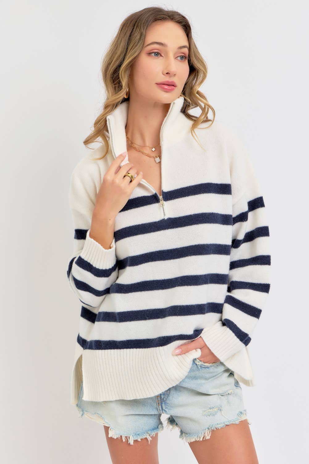 Sweet Lovely by Jen - Wholesale Knit Sweater - Women's - STRIPED ZIP-FRONT OVERSIZED PULLOVER KNIT SWEATER  18