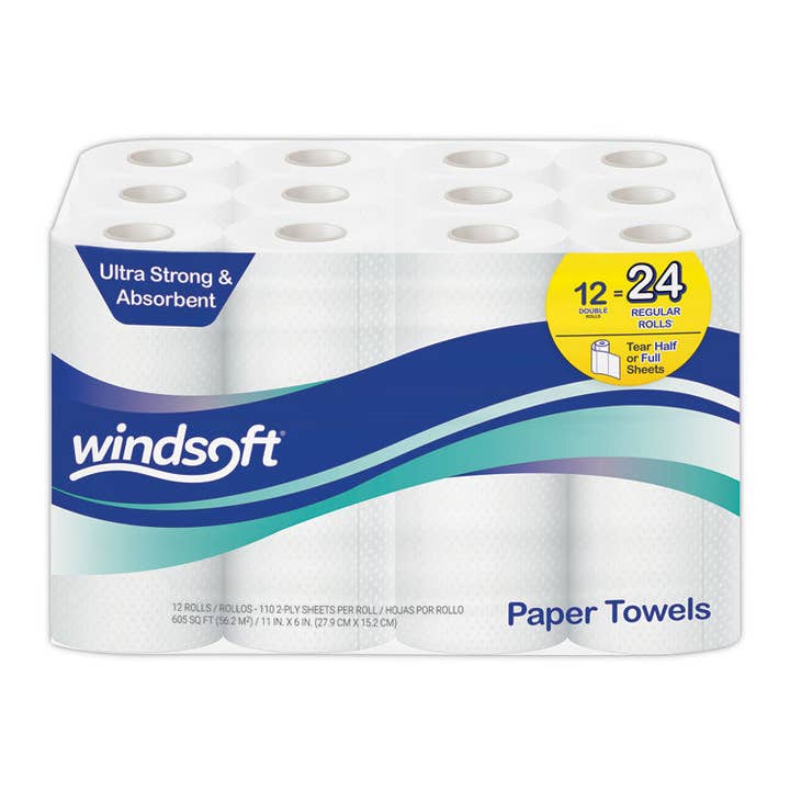 Windsoft 2-Ply Kitchen Towels, 110/Roll, 12 Rolls for wholesale by Everyday Supply Co