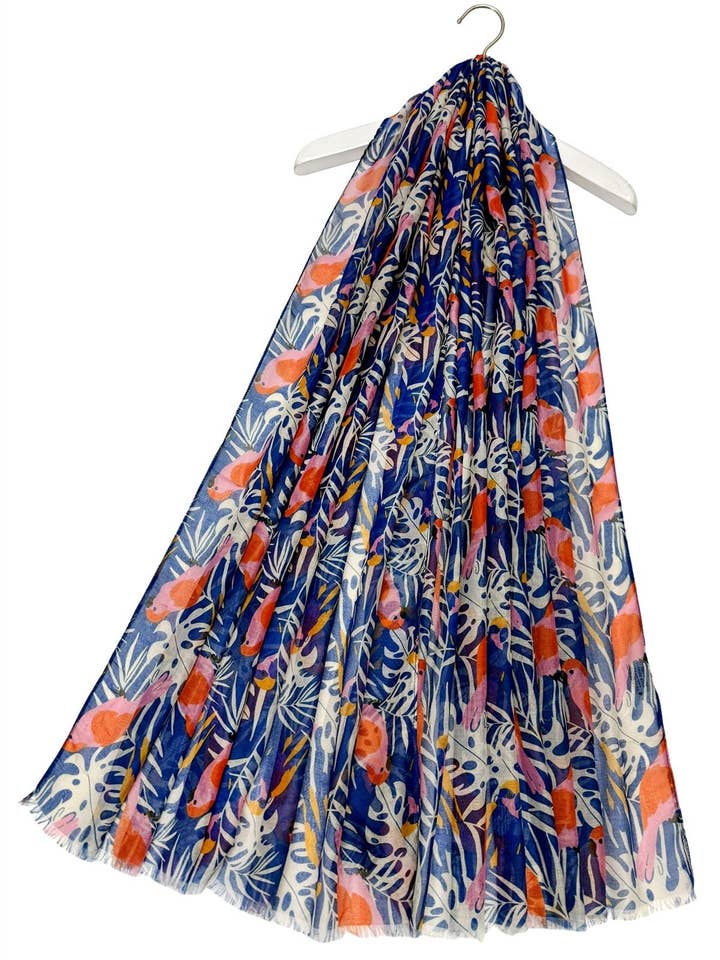 Tropical Parrot & Palm Leaf Print Frayed Scarf for wholesale by Fashion Scarf World