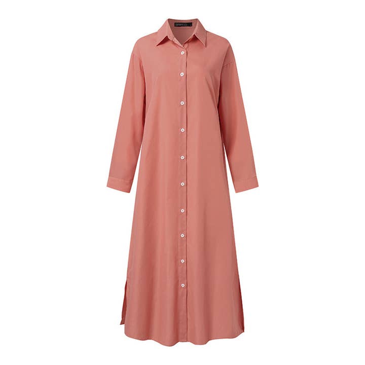 Rosa Clothing - Wholesale Dress - Women's - plain button down long sleeve v-neck shirt dress