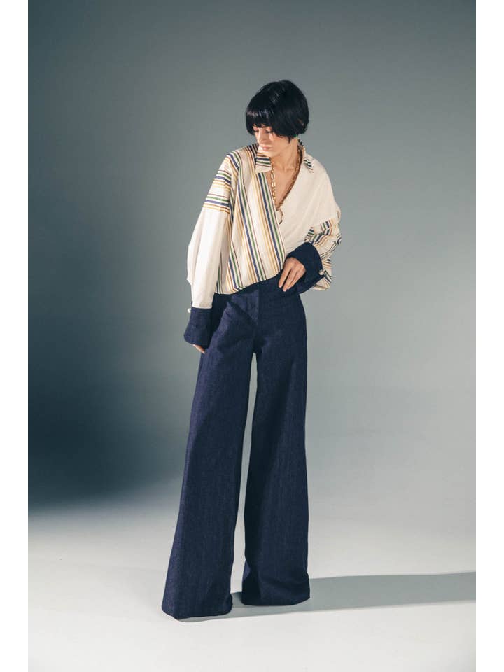 simona bonacci – Großhandel Bluse – Damen – Baumwollhemd mit Jeansmanschetten und Manschettenknöpfen3