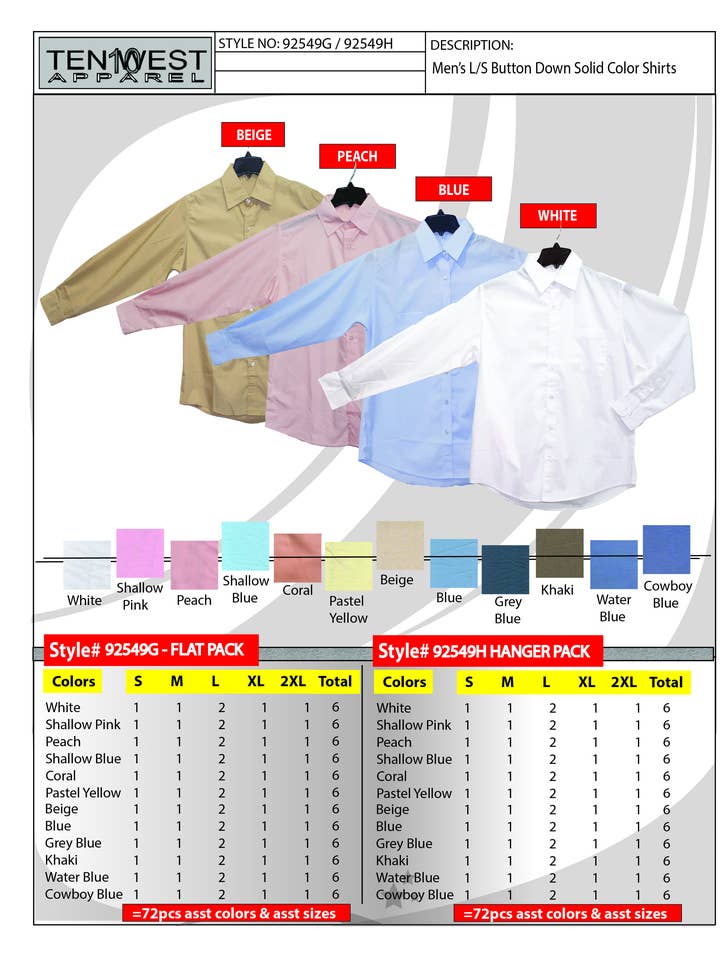 Einfarbiges Herrenhemd, Größe L/S, flach für den Großhandel von Ten West Apparel