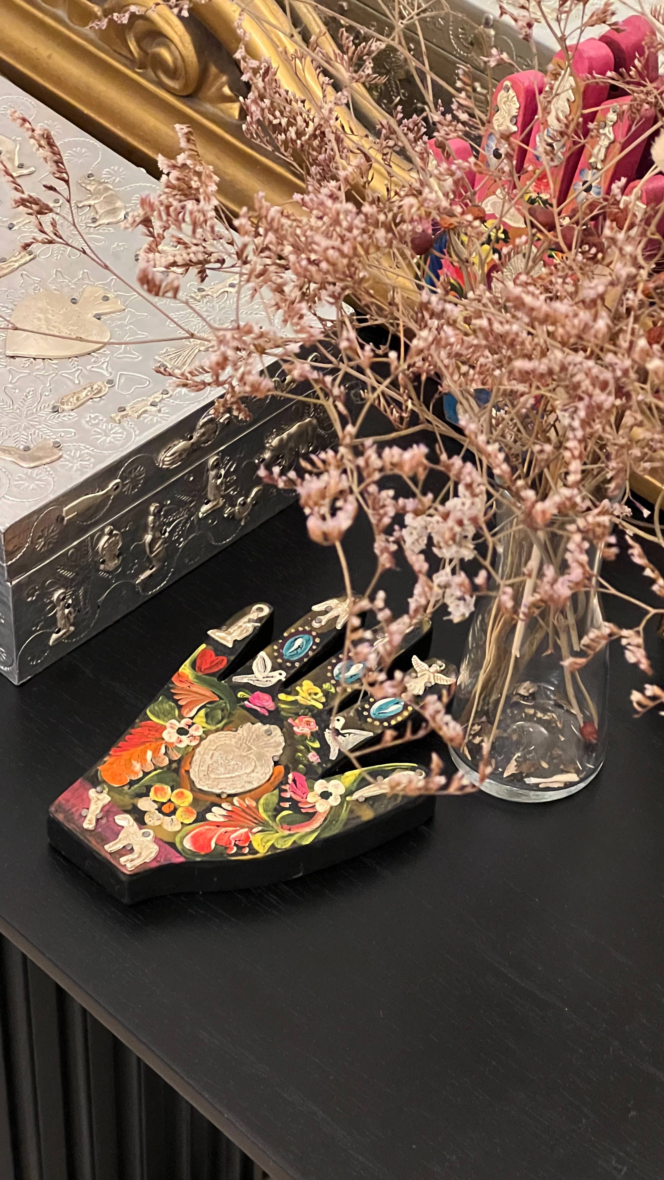 PINK PAMPAS - Wholesale Decorative Tabletop Object - Mexican handmade wooden hand painted with ex vota0