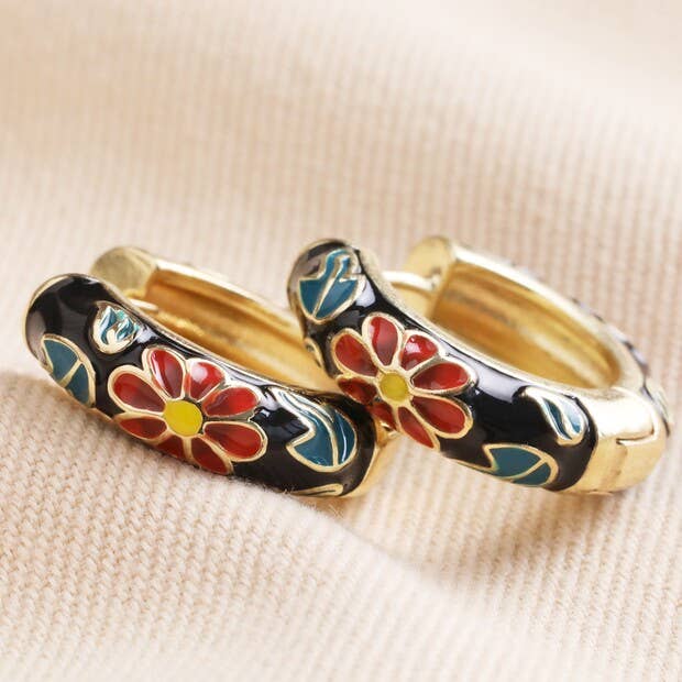 Lisa Angel - Wholesale Hoop Earrings - Black Cloisonné Hoop Earrings in Gold0