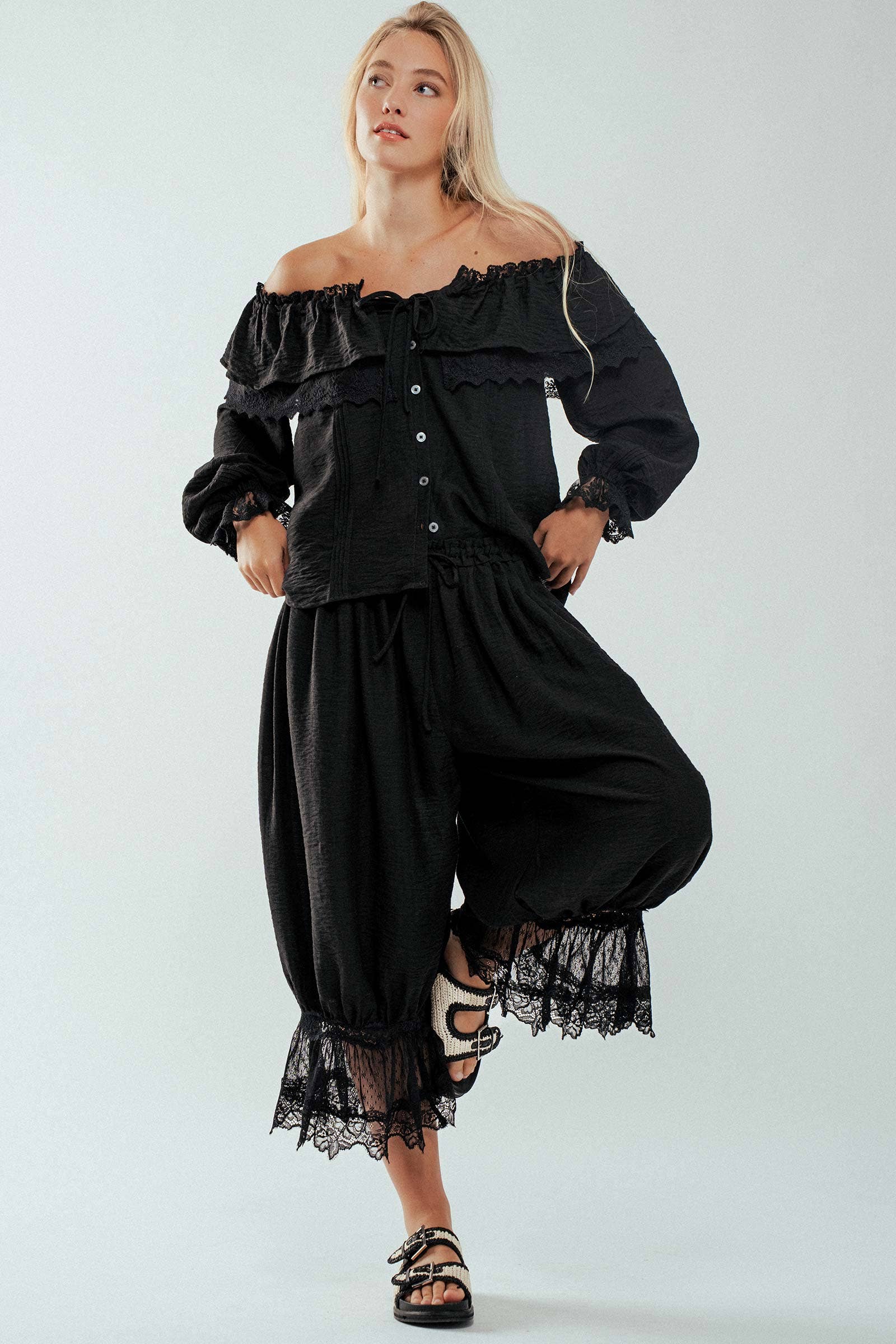 Urban Daizy - Wholesale Blouse - Women's - Lace Trim Ruffle Tie Neck Spring Blouse Top11