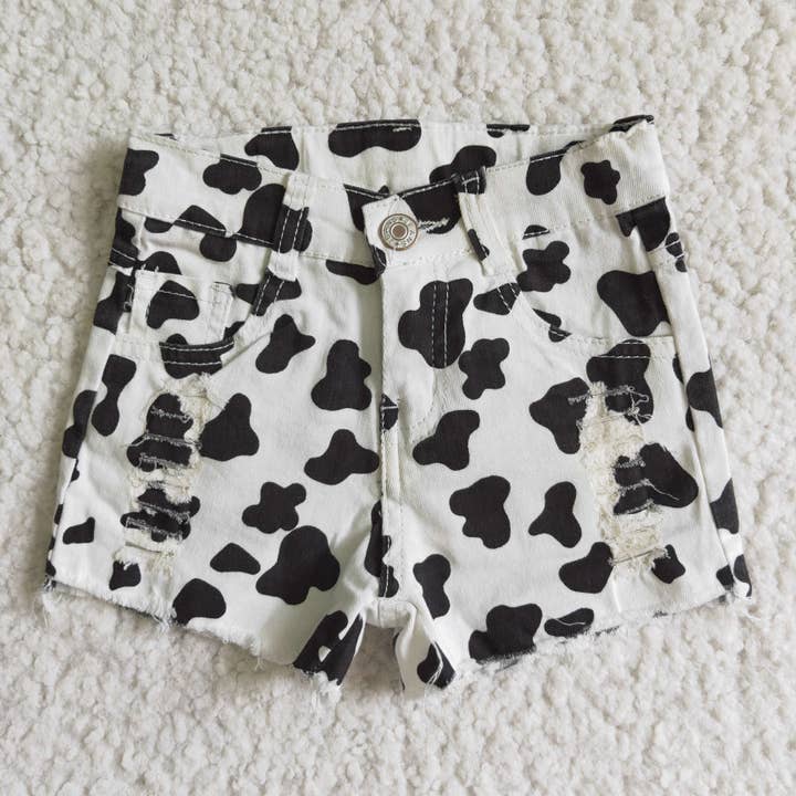 Yawoo Garments - Wholesale Shorts - Kids - Girl cow print jeans waistband denim shorts2