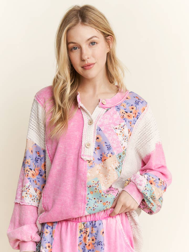 Mineralgewaschenes Floral WaveKnit Jacquard Boho-Top HT6039P1 für den Großhandel von J.Her