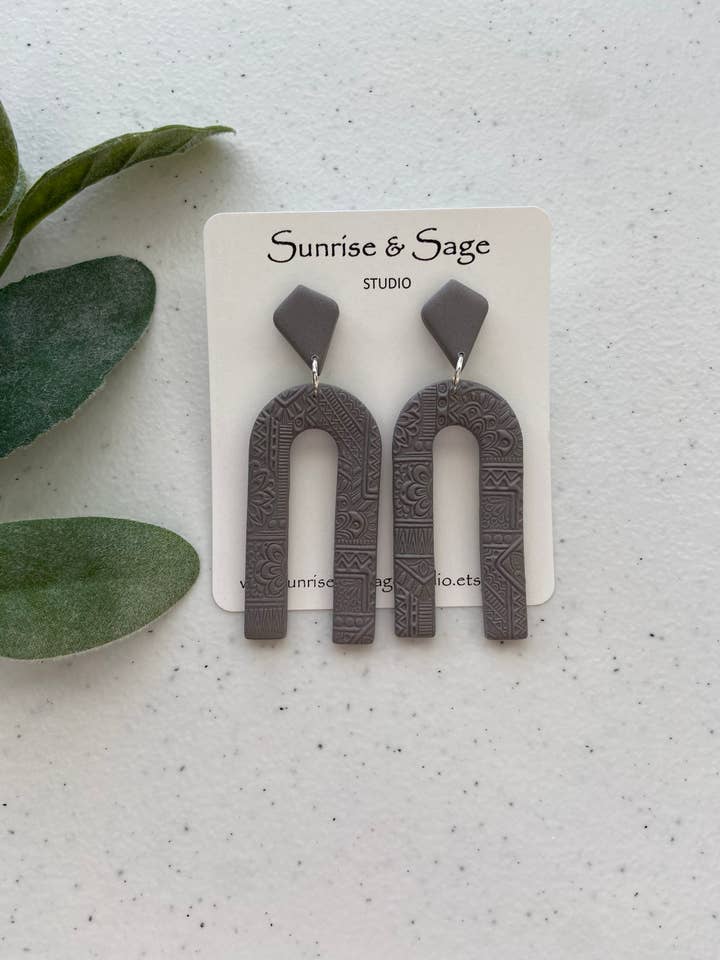 Gray Art Deco Clay Dangle Earrings for wholesale by Sunrise and Sage Studio