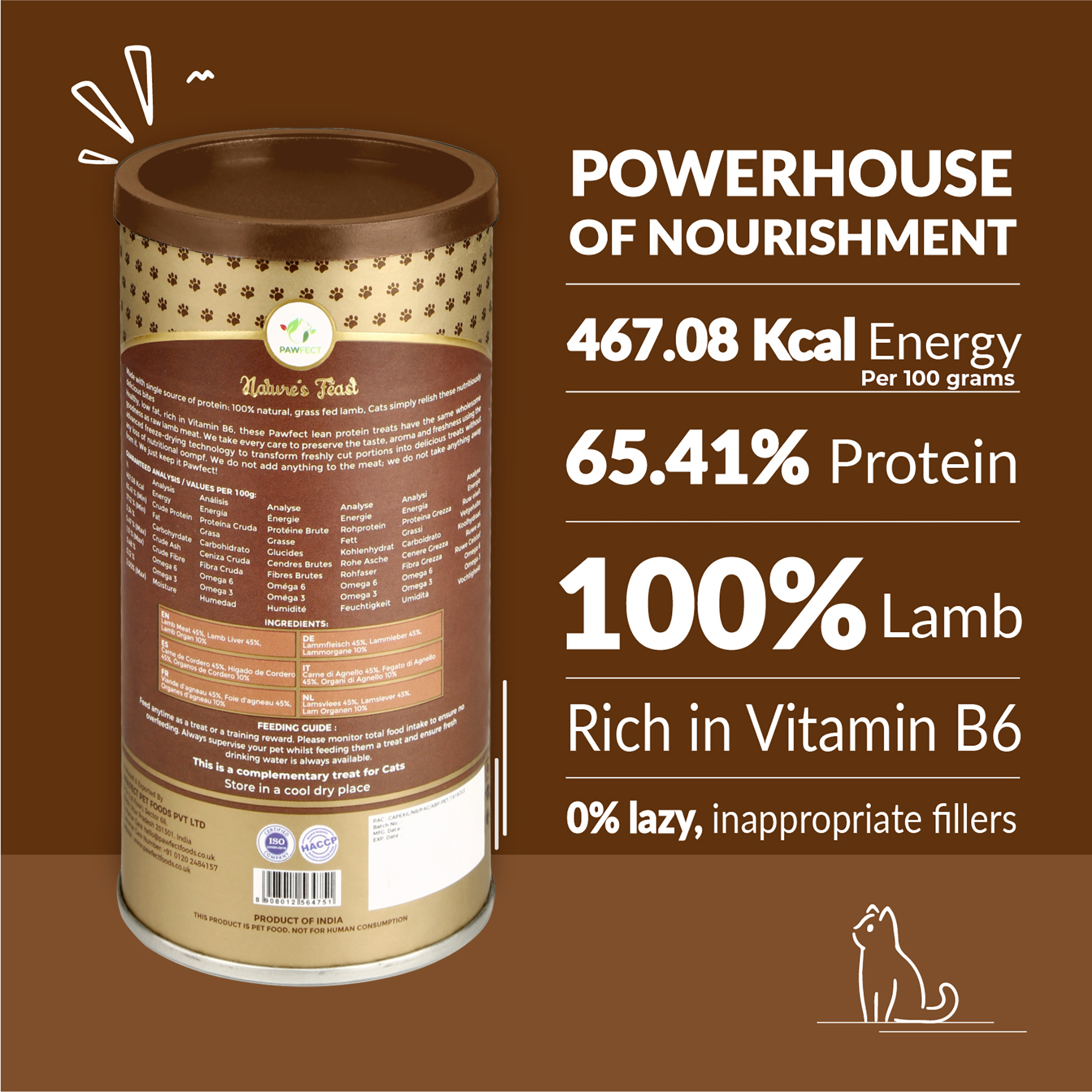 Pawfect Pet Foods Pvt Ltd - USA - Wholesale Pet Treats - Cat - Pawfect Nature's Feast Freeze-Dried Lamb Meat Treats for Cats| 100% Natural| Hypoallergenic| Easily Digestible| Grain-Free| Training Treat| High Protein| Low Fat| Single Ingredient treats(150g/5.29oz)1