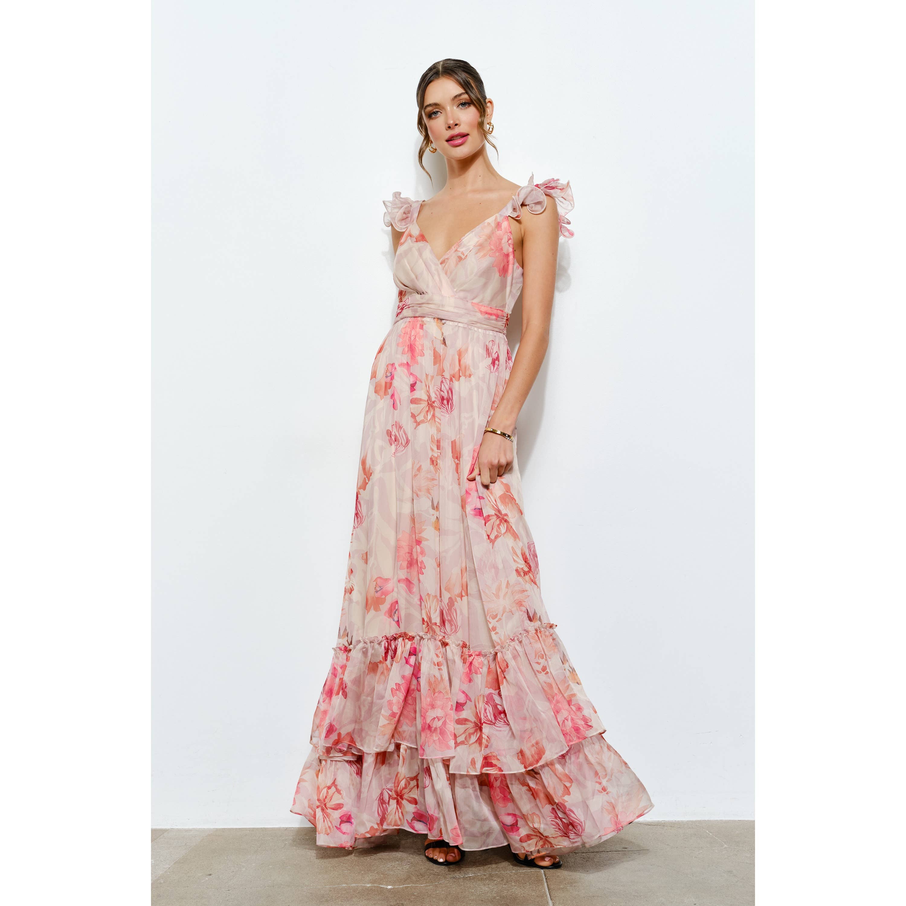 INA - Vendita all'ingrosso Vestito - Donna - Abito lungo a balze in chiffon floreale con spalle arricciate0