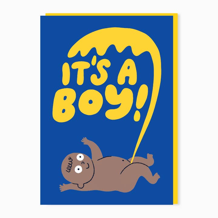 Funny new baby card – It's a boy – darker skin – pee for wholesale by Stoats & Weasels