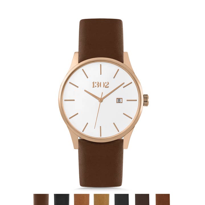 Men’s 42mm Watch: Rose Gold Case with White Dial for wholesale by 1302 Watch Co.