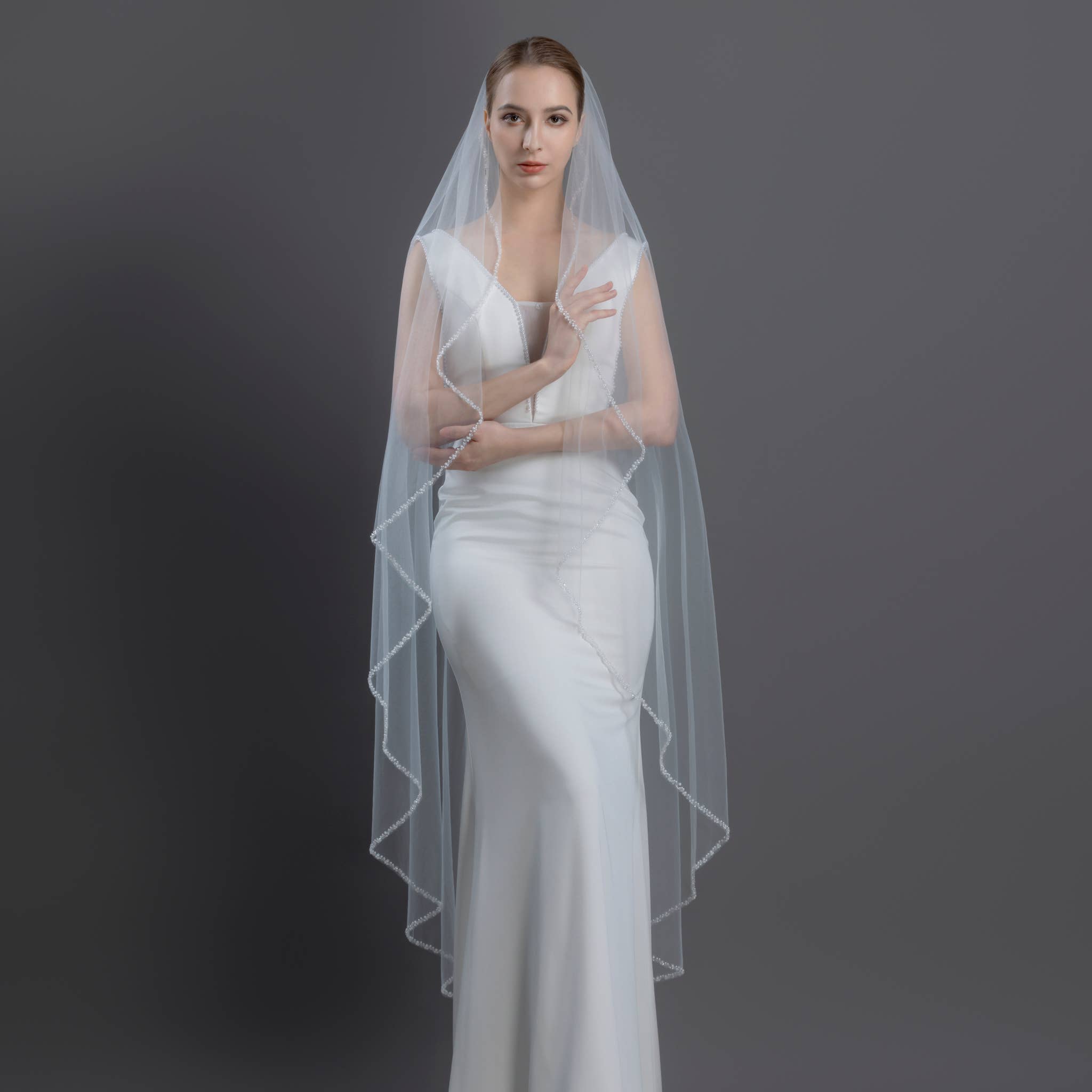 Farinosa Bridal - Wholesale Veil - Women's - FS6243-AC Pearl Crystal Beads Edge Angel Cut Bridal Veil 60"1