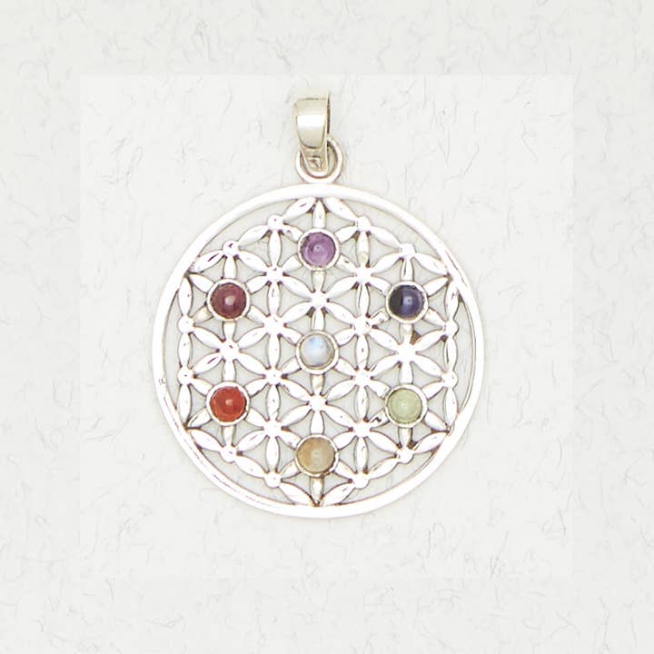 Sterling Silver Pendant - Flower of Life w Chakra Stones for wholesale by Nirvana LLC