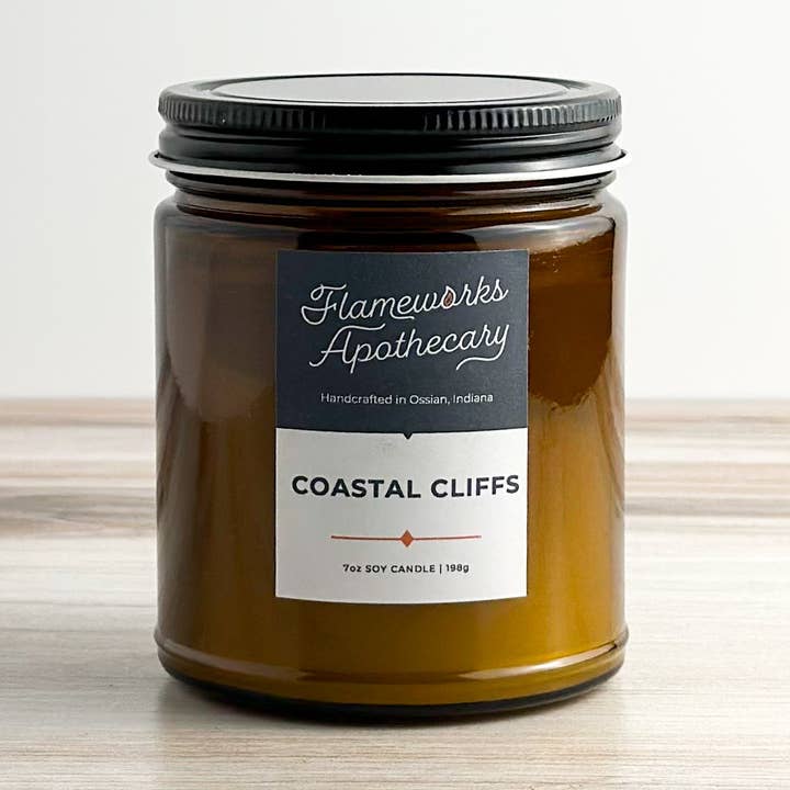 Coastal Cliffs 7 oz Amber Jar Candle for wholesale by Flameworks Apothecary
