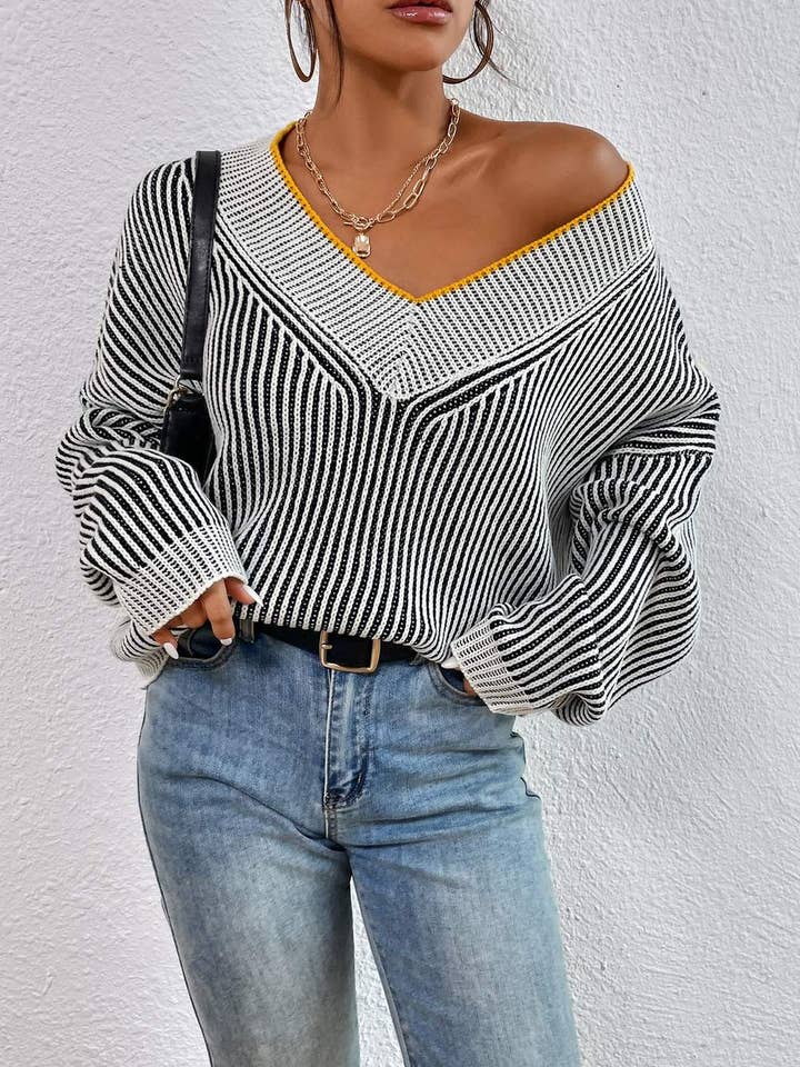 Flarix - Wholesale Knit Sweater - Women's - vertical stripe pattern drop shoulder sweater
