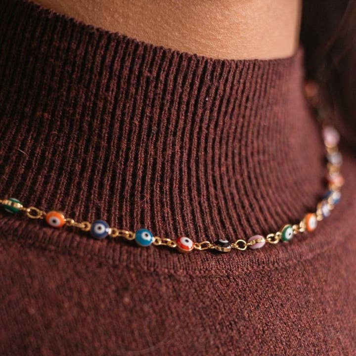 Collier de protection œil de diable bohème turc ajustable multicolore œil maléfique pour la vente par The Colourful Aura