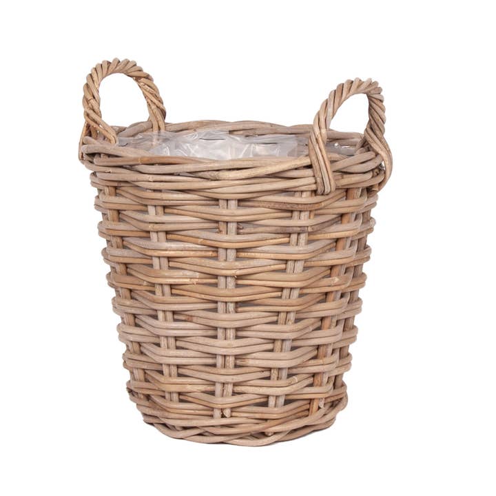 PANIER GRIS 2X2 TISSÉ AVEC ANSES EN FORME D'OREILLE DOUBLÉ DE PLASTIQUE pour la vente par Bacon Basketware
