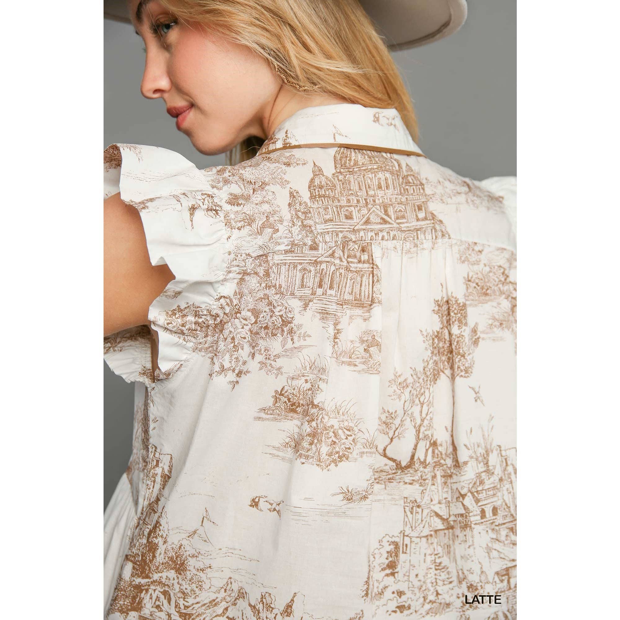 BNS - Vente Robe – femme - Robe à manches volantées à imprimé paysage avec passepoil19