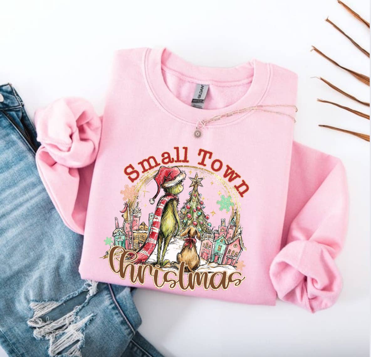 Posh Magnolia Boutique - Wholesale Graphic Sweatshirt - Women's - Small Town Christmas Green Guy Inspired Gildan Sweatshirt 0