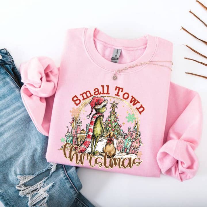Small Town Christmas Green Guy Inspired Gildan Sweatshirt for wholesale by Posh Magnolia Boutique