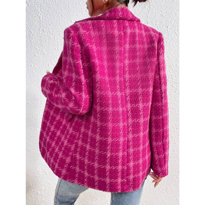 Rose Red Fall Winter Plaid Knit Cardigan Mid-Length Jacket ZK3677 for wholesale on Faire4