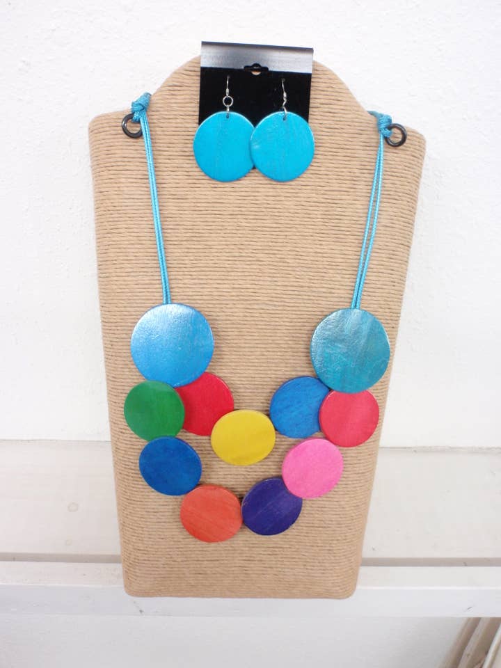 TURQUOISE CORD WITH BRIGHT MULTI ROUND WOOD NECK SET 19849 for wholesale by International Duru's