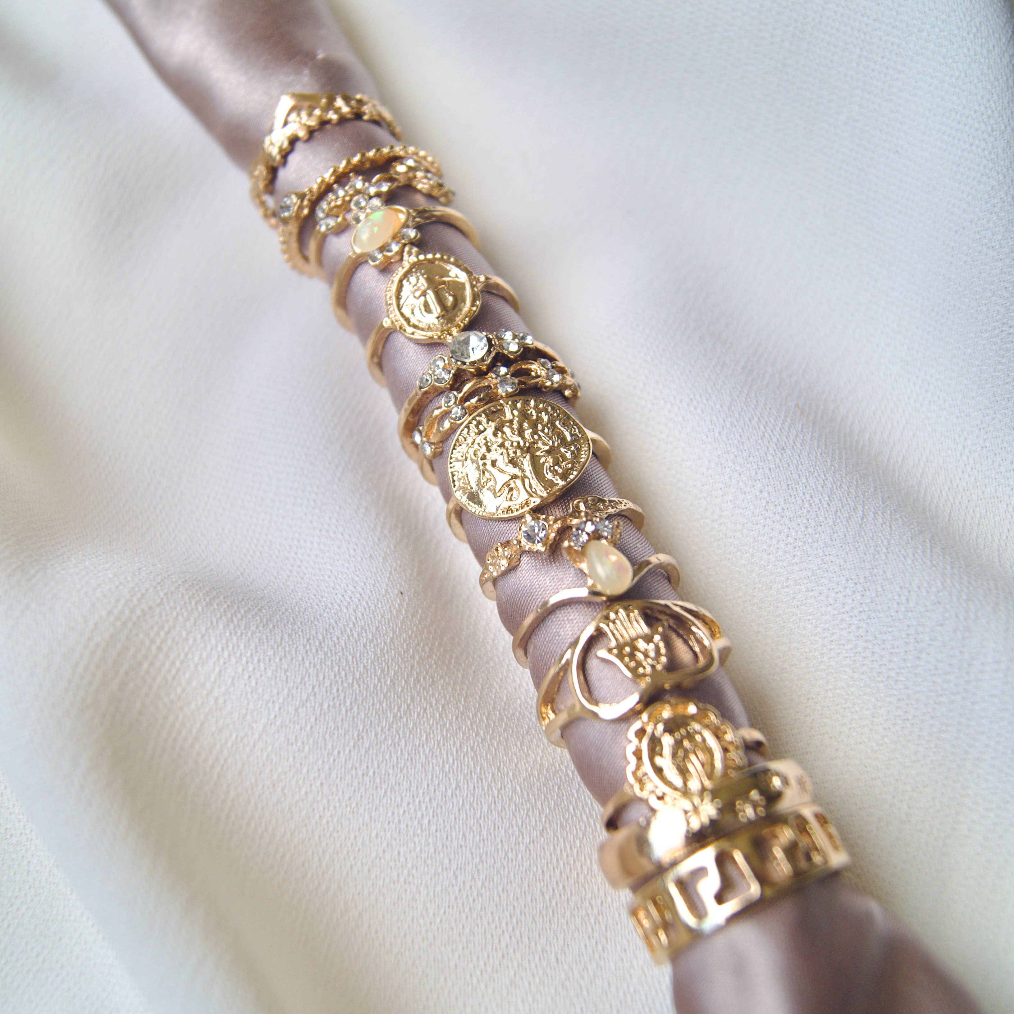 EAST INDIA IMPORTS - Wholesale Band/Stacked Ring - 15-Piece Matte Gold Fashion Ring Set with Opal Accents1