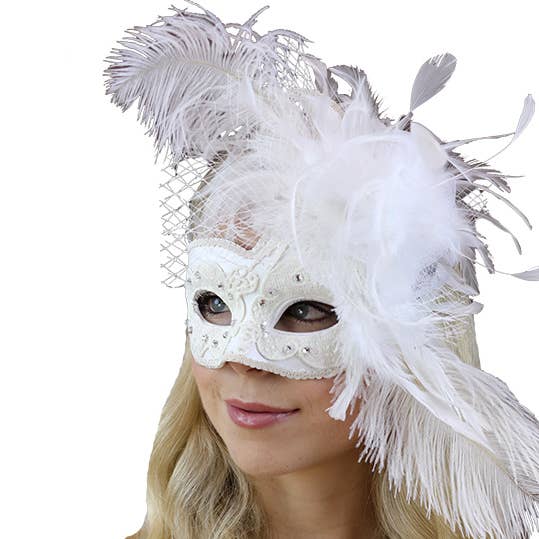 KBW Global Corp. – Engroshandel Kostume - Voksen – Hvid Fjer Maskerade Maske