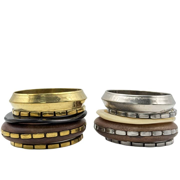 Chunky Mixed-Material Stacked Bangle Set–Wood & Metal for wholesale by Treasure Jewelry
