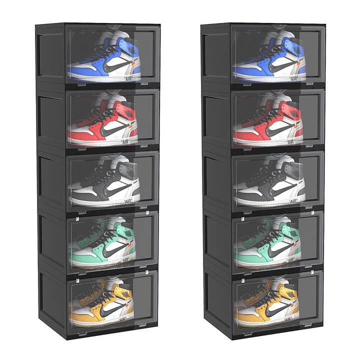 SOGA 2X 5 Tier Black Portable Shoe Organiser Sneaker Footwear Folding Plastic Bin Stackable Storage Box with Magnetic Door for wholesale by SOGA International Pty Ltd