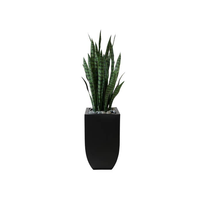 4'H Faux Sansevieria Plant with Rocks in Black Tin Planter for wholesale by JENNY SILKS