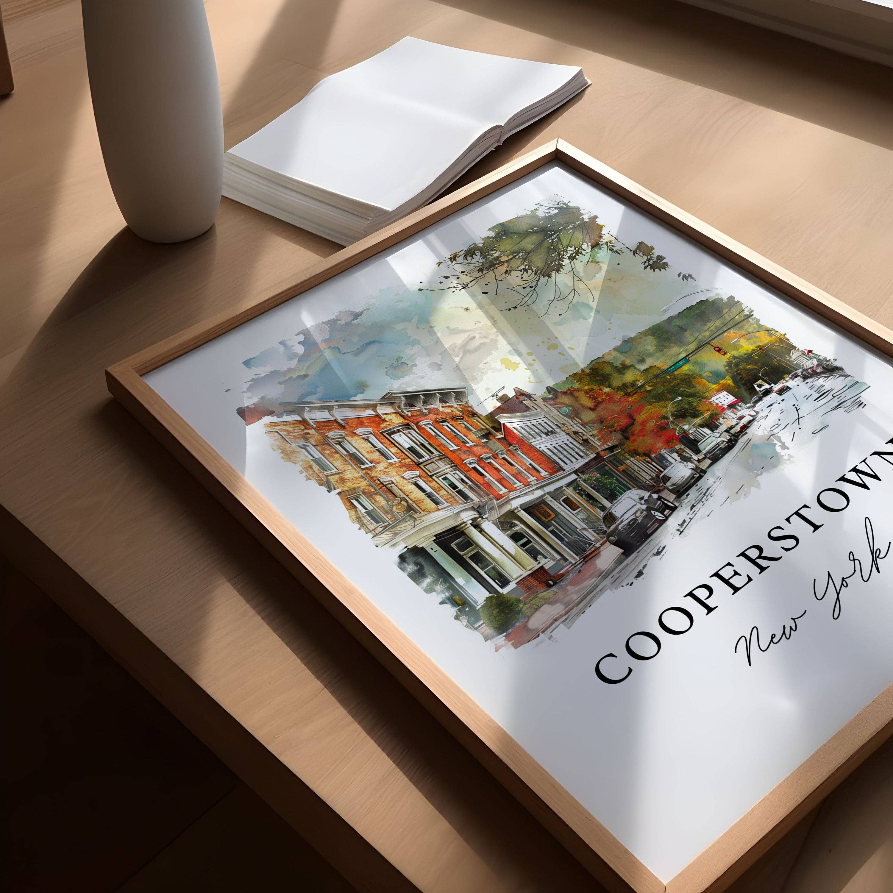 Premium Travel Art - Vendita all'ingrosso Stampa artistica - Arte da parete Cooperstown NY, Stampa del Lago Otsego, Acquerello di Cooperstown, Regalo Cooperstown NY,2