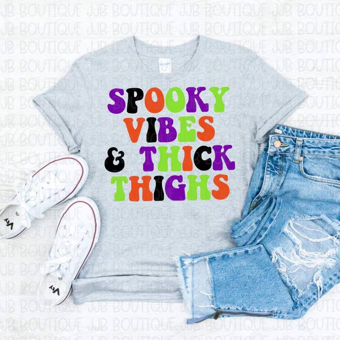 Spooky Vibes & Thick Thighs Tee for wholesale by Rockin’ 5A Apparel