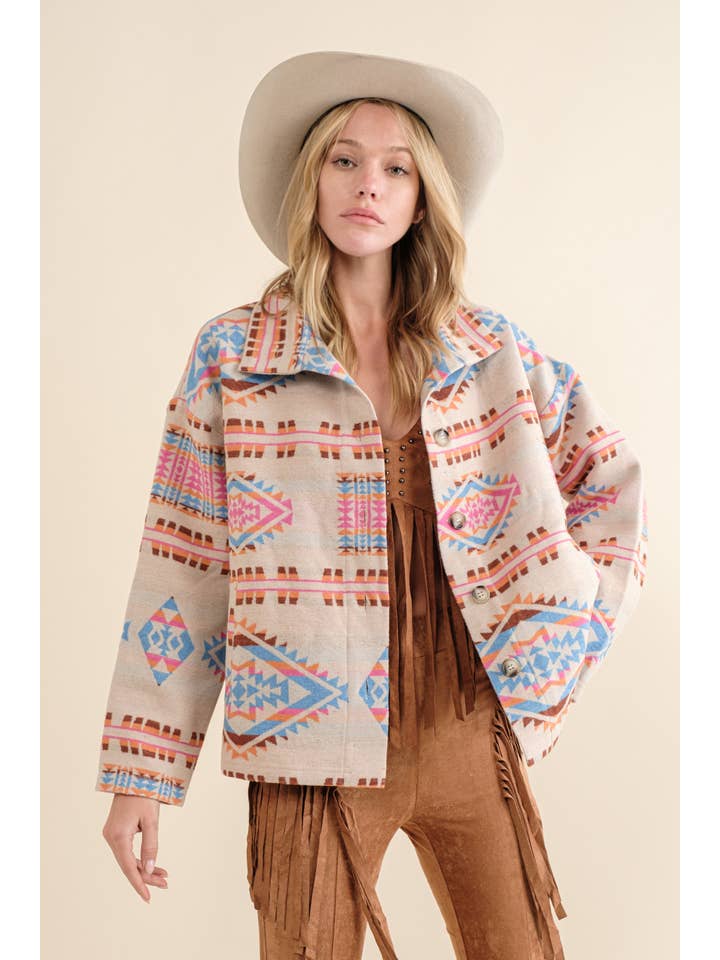 Blue B - Wholesale Shirt Jacket/Shacket - Women's - 32621J - Aztec Jacquard Mock Neck Button Up Western Jacket