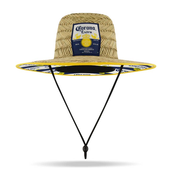Corona Extra Branded Straw Sun Hat with Blue and Yellow Striped Brim for wholesale by Concept One