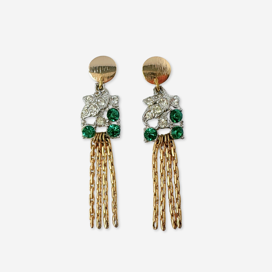 Lulu’s Petals - Wholesale Tassel Earrings - Green and clear refashioned vintage rhinestone gold tassel earrings0
