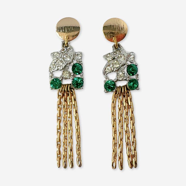 Lulu’s Petals - Wholesale Tassel Earrings - Green and clear refashioned vintage rhinestone gold tassel earrings0