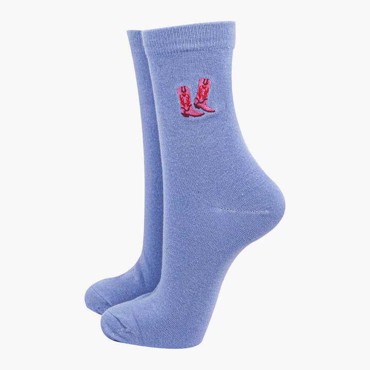 Sock Talk – wholesale Socks – Women's – Women's Embroidered Ankle Socks- Light Blue, Cowboy Boots