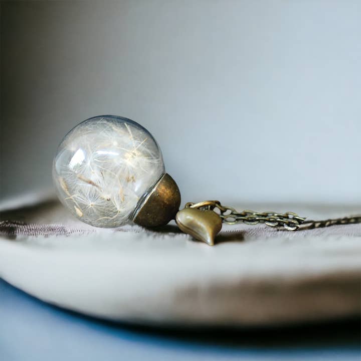 Dandelion Seed Heart Pendant Necklace — Bronze Dried Blossom Botany Minimalist Necklace — VIK-15 for wholesale by MadamLili