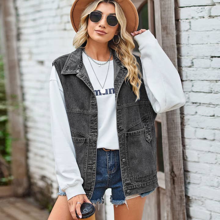 Sweetkama - Wholesale Outerwear Vest - Women's - Ladies Lapel Pockets Denim Daily Jacket Vest MN2111