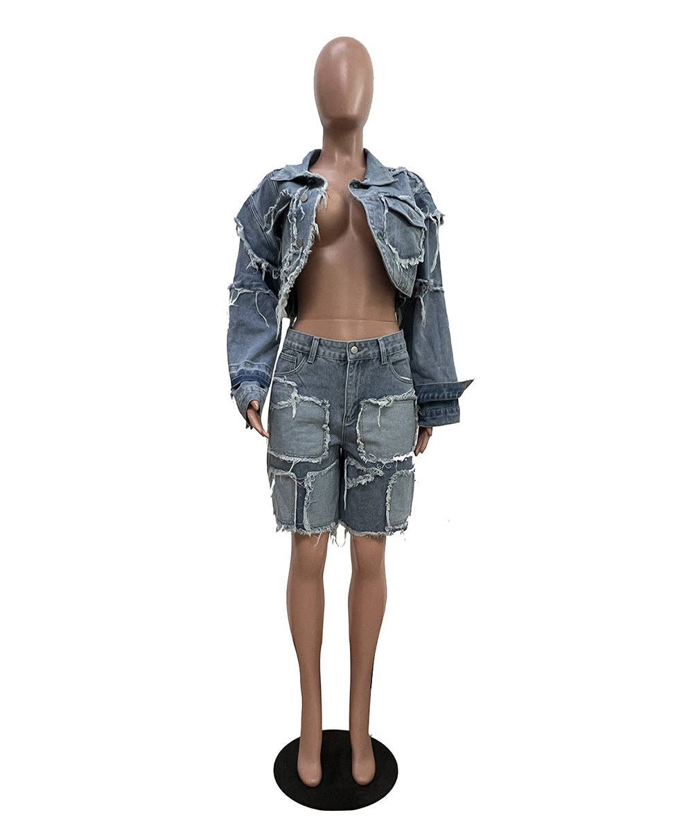 Azul Conjunto de Denim Patchwork Desgastado para venda a revendedores na Faire4