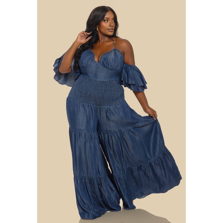 PLUS MINI RUFFLE HALTER NECK TIERED JUMPSUIT for wholesale by The Sang